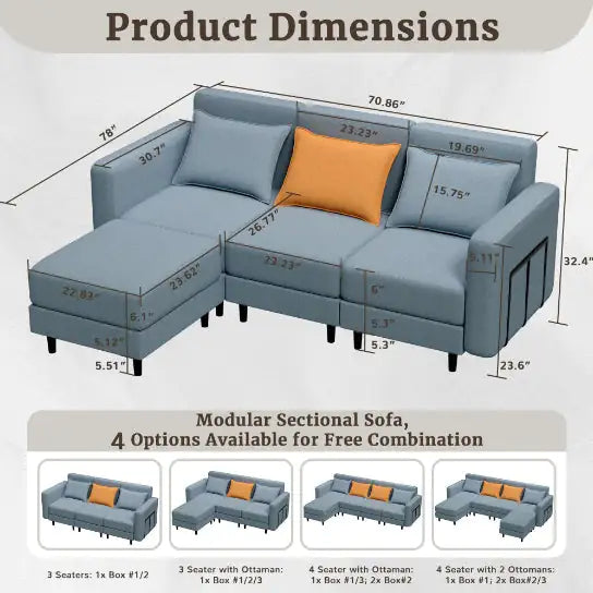 Light Gray Combination Sofa with Modular Design (78 inches)