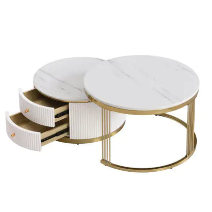 Gold+White Modern 2-piece Round Nesting Coffee Table with Drawers (27.6 inches)