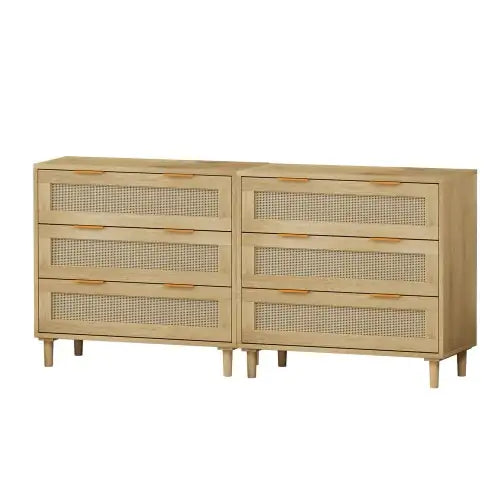 Oak 3 Drawers Rattan Locker with Medium Density Fiberboard (Set of 2)