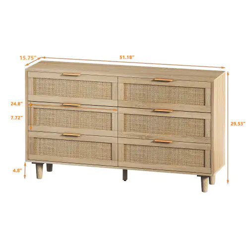 Natural 6-Drawers Rattan Storage Cabinet with Particle Board (51.18 inches)