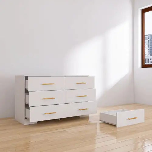 White Large Six Drawer Cabinet with Golden Handle (47.25 inches)