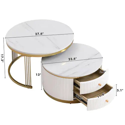 Gold+White Modern 2-piece Round Nesting Coffee Table with Drawers (27.6 inches)