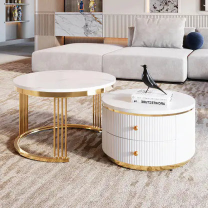 Gold+White Modern 2-piece Round Nesting Coffee Table with Drawers (27.6 inches)