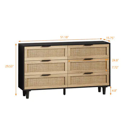 Black 6-Drawers Rattan Storage Cabinet with Particle Board (51.18 inches)