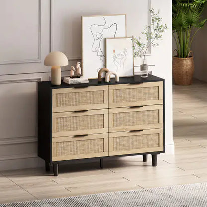 Black 6-Drawers Rattan Storage Cabinet with Particle Board (43.31 inches)