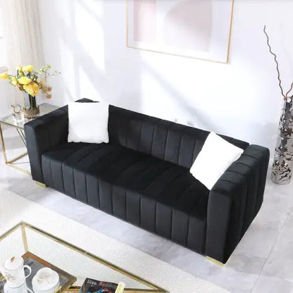 Black Modern Channel Sofa with Traditional Chesterfield Design (85.76 inches)