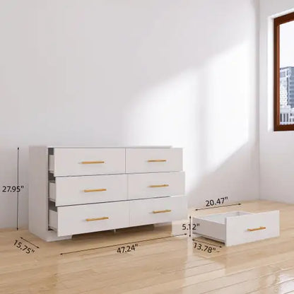 White Large Six Drawer Cabinet with Golden Handle (47.25 inches)