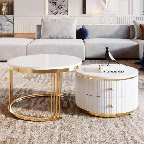 Gold+White Modern 2-piece Round Nesting Coffee Table with Drawers (27.6 inches)