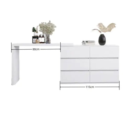 White Extended Desktop 6 Drawers Chest of Drawer without Handle (45.30 inches)